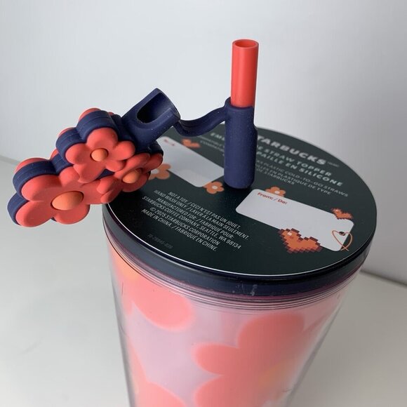 Starbucks Valentines Day Pink Pixel Heart Flower Straw Topper 24 oz Tumbler New - Picture 3 of 6